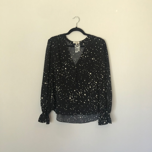 Modcloth Holiday NYE Black White Star Printed Blouse Top Long Sleeve L - Picture 2 of 7